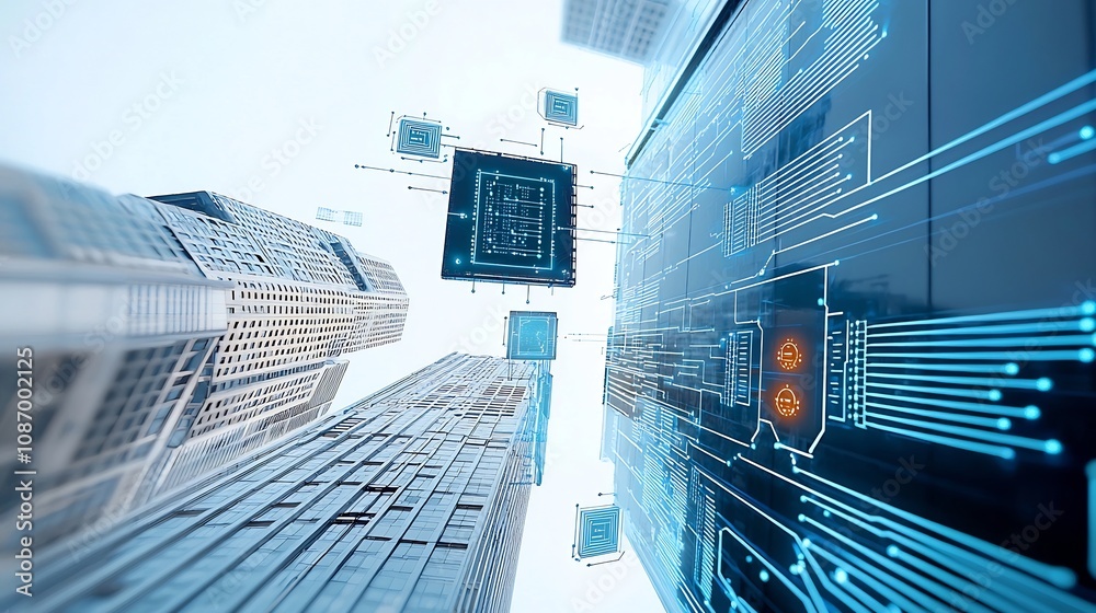 Poster Futuristic digital urban landscape featuring skyscrapers with embedded smart grid and energy storage systems  The scene showcases a modern sustainable