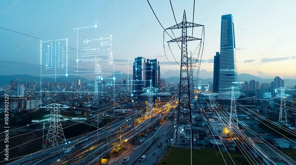 Poster Futuristic urban cityscape featuring energy efficient skyscrapers smart power grid network and a digital data overlay highlighting the interconnected connectivity of the future city ecosystem