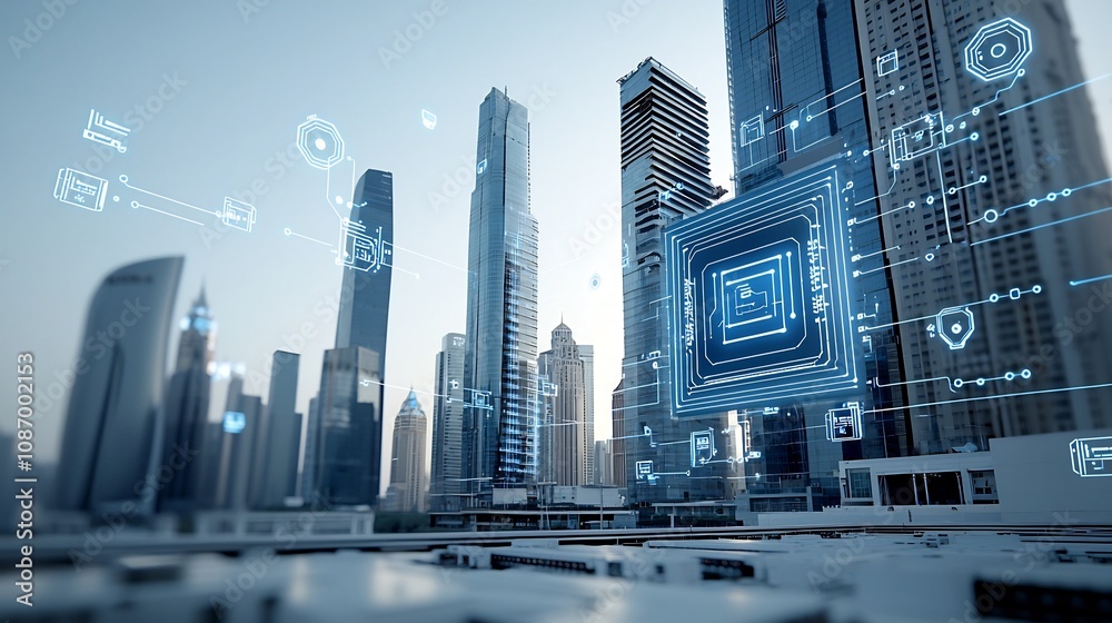 Poster Futuristic digital urban landscape showcasing smart grid and energy storage embedded into modern skyscrapers with data points and circuit lines connecting the cityscape s infrastructure