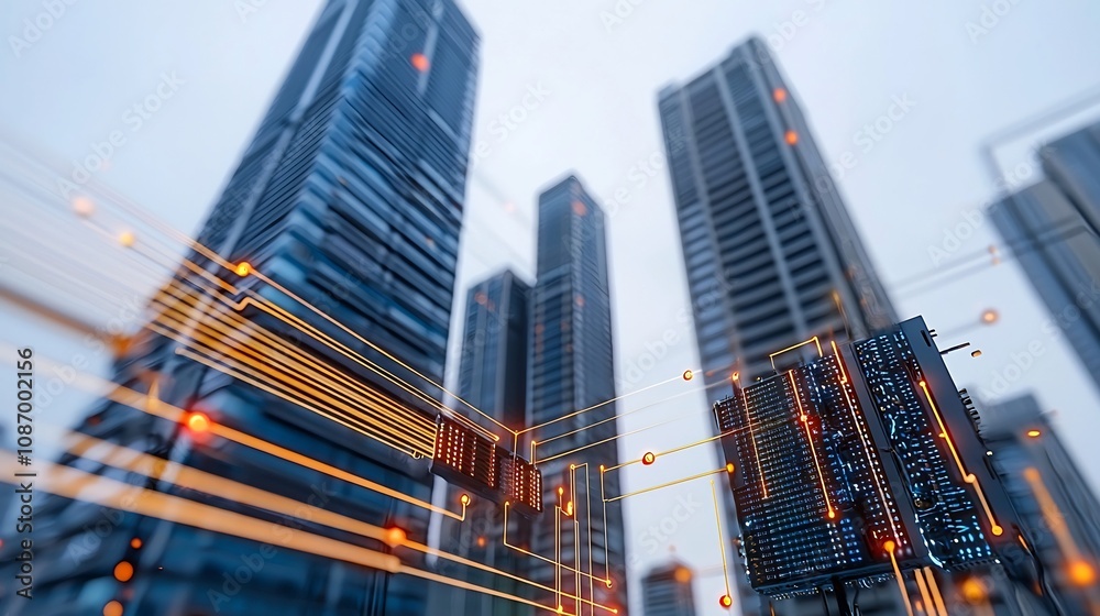 Aufkleber Modern digital urban landscape with smart grid and energy storage embedded into skyscrapers in the foreground featuring data points and circuit lines for a futuristic technology driven city concept