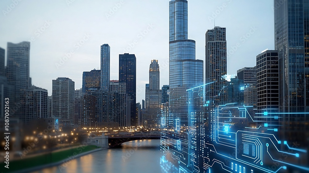 Poster Aerial view of a modern cityscape featuring advanced energy storage systems and smart grid technology that connect digital circuits and data points across the urban landscape