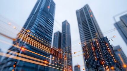 Modern digital urban landscape with smart grid and energy storage embedded into skyscrapers in the foreground featuring data points and circuit lines for a futuristic technology driven city concept