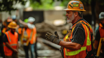 Construction workers collaborating on-site with safety gear and clear communication.