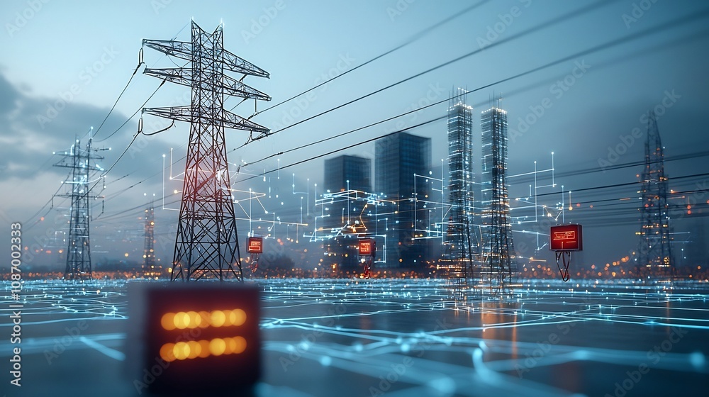 Aufkleber futuristic city skyline powered by innovative smart grid technology with skyscrapers featuring integ