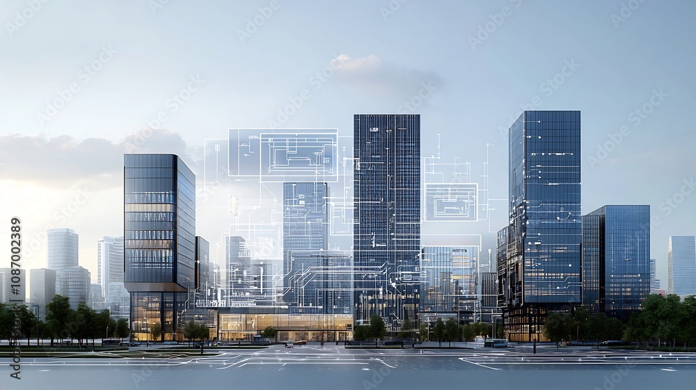 Aufkleber Futuristic smart city with advanced power grid and data network infrastructure featuring energy storage automation and sustainable technology for a connected efficient