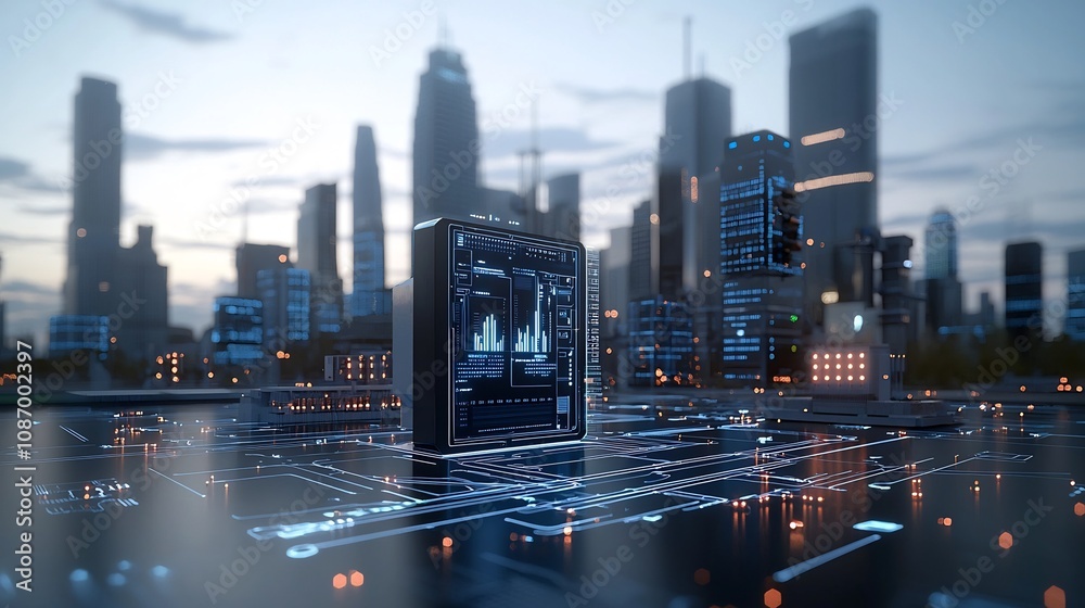 Poster futuristic digital skyline showcasing the seamless of advanced technology smart grid and data circui