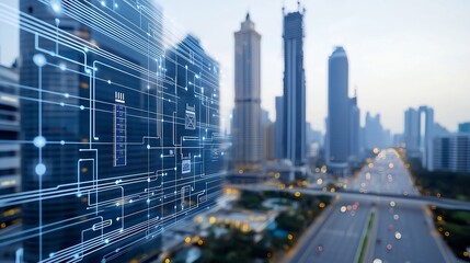 Advanced futuristic city powered by smart grid technology with integrated energy storage in skyscrapers and digital network elements  The city features a modern