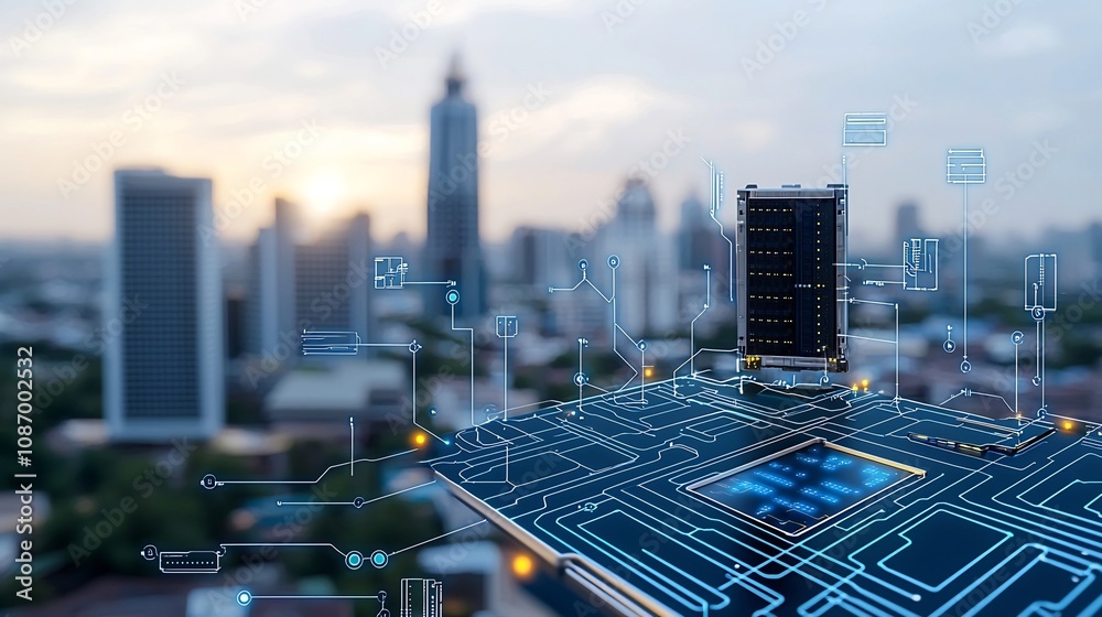 Poster Futuristic visualization of an ultra modern high tech city powered by a smart energy grid and advanced storage solutions showcasing a digital network of circuits and lines