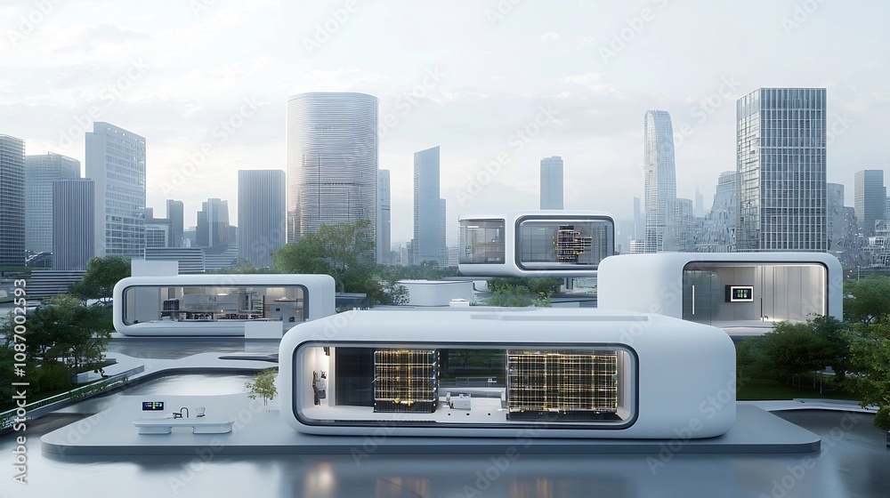 Poster Futuristic architecture in a city powered by a smart grid technology and energy storage embedded in the buildings
