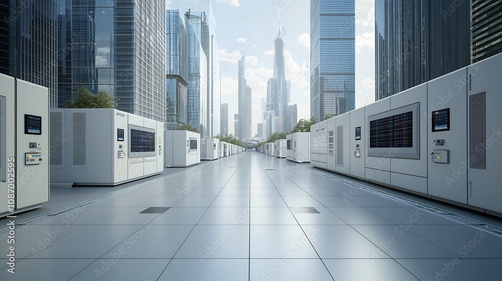 Poster innovative futuristic architecture in a smart city skyline featuring sustainable energy storage and 