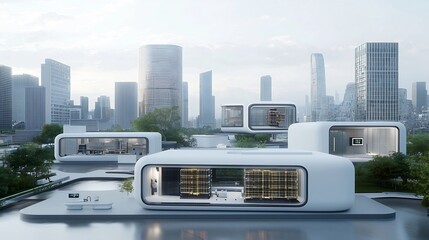 Futuristic architecture in a city powered by a smart grid technology and energy storage embedded in the buildings