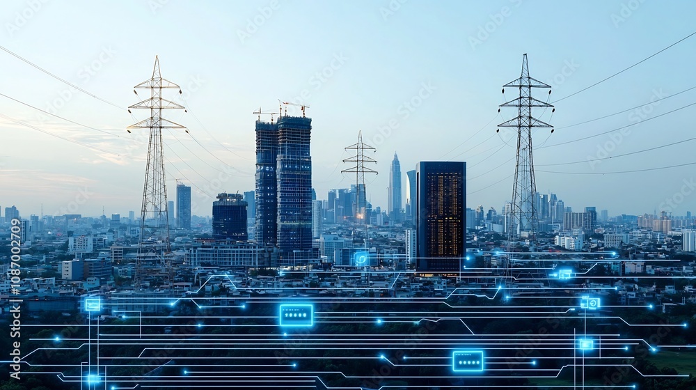 Poster Futuristic high tech urban skyscape with skyscrapers energy storage systems and smart grid connectivity  Modern digital foreground with data points circuits and futuristic technological elements