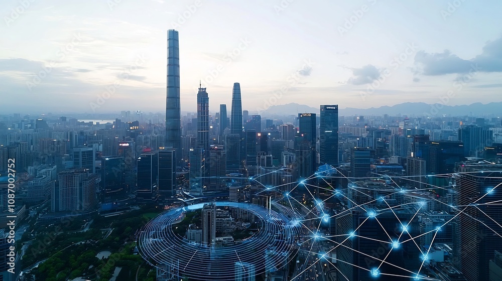 Poster Futuristic City Skyline with Integrated Smart Grid Infrastructure and Innovative Digital Network Overlay Solutions for Efficient Energy Distribution and Management