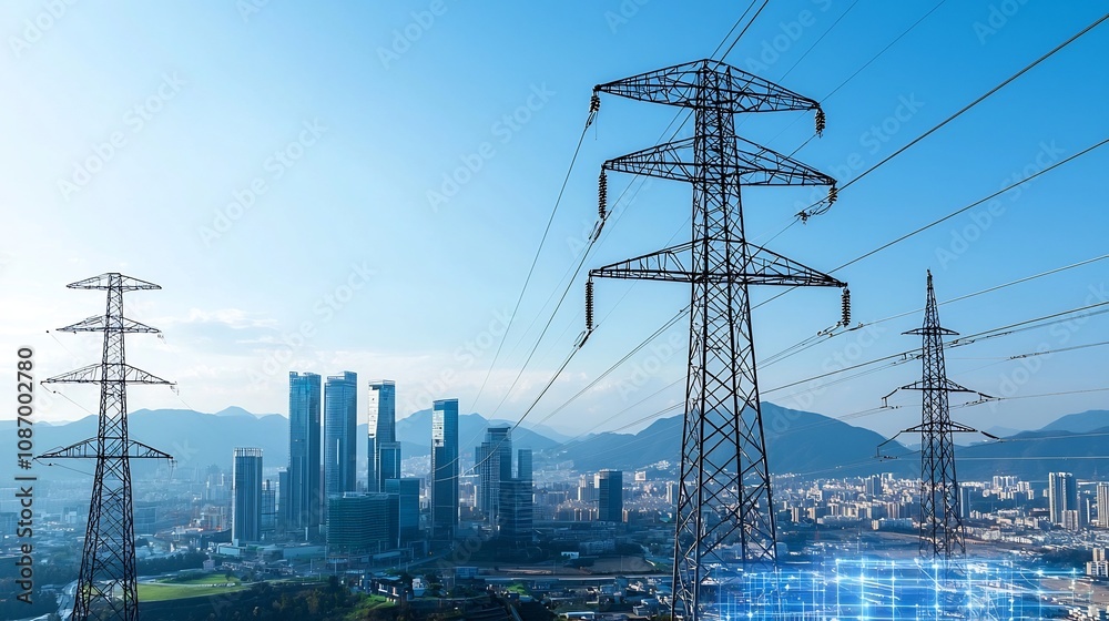 Poster futuristic smart city skyline with integrated grid infrastructure and digital network overlay cuttin