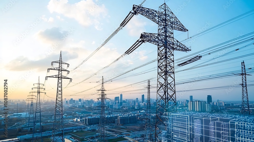 Poster futuristic smart city skyline with advanced grid infrastructure integrated storage solutions and a d