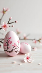 Beautiful hand-painted Easter eggs with cherry blossom design and branches on a wooden surface