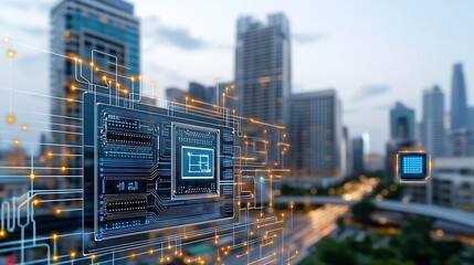 Futuristic urban skyline with advanced energy storage and smart grid connectivity  Modern digital foreground with data points