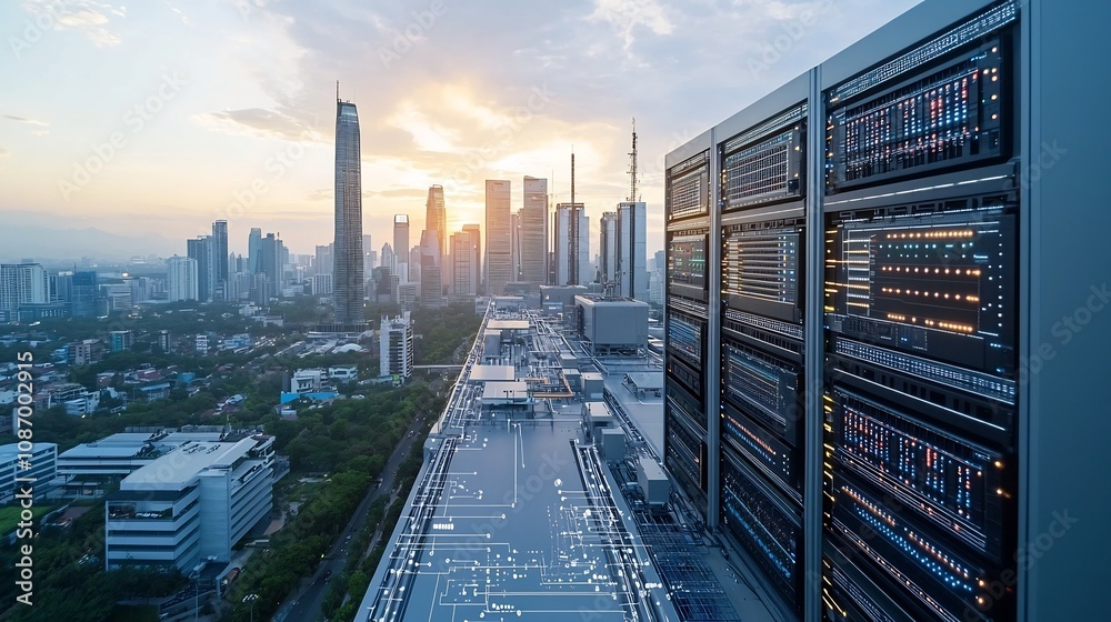Poster Futuristic cityscape featuring a modern urban skyline with smart grid power infrastructure and digital data circuits in the foreground