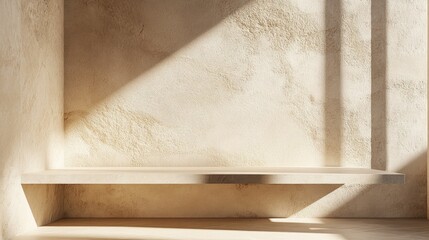 Serene Sunlit Waiting Area with Stone Bench and Wide Window View