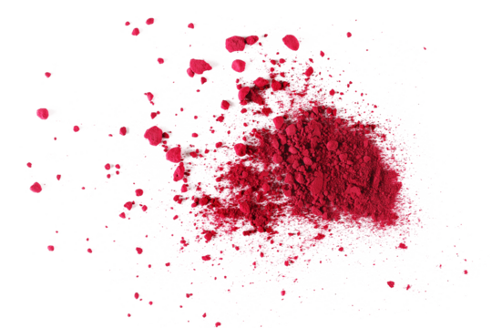Dried beet root powder scattered isolated on white background, top view