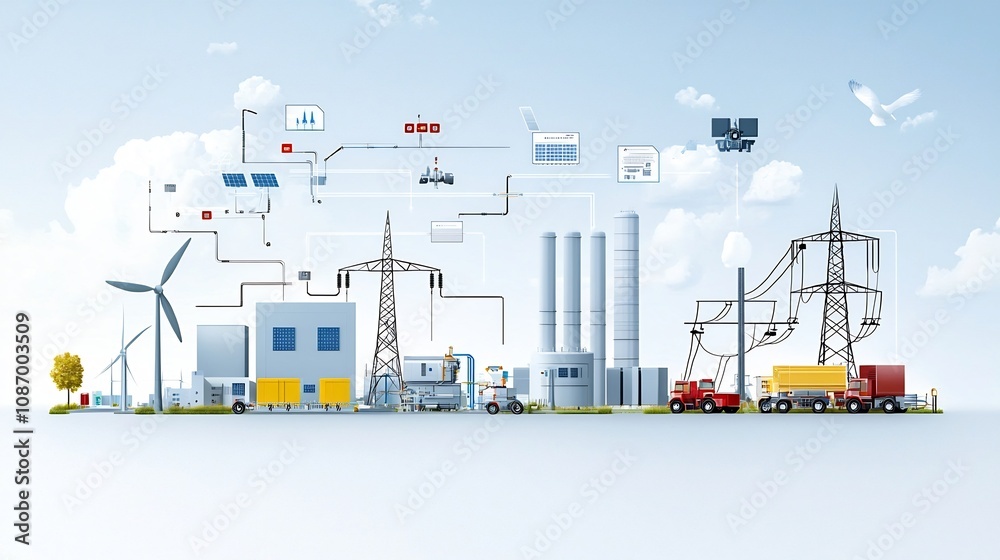 Poster detailed of a high tech centralized power grid system that connects renewable energy sources with ur