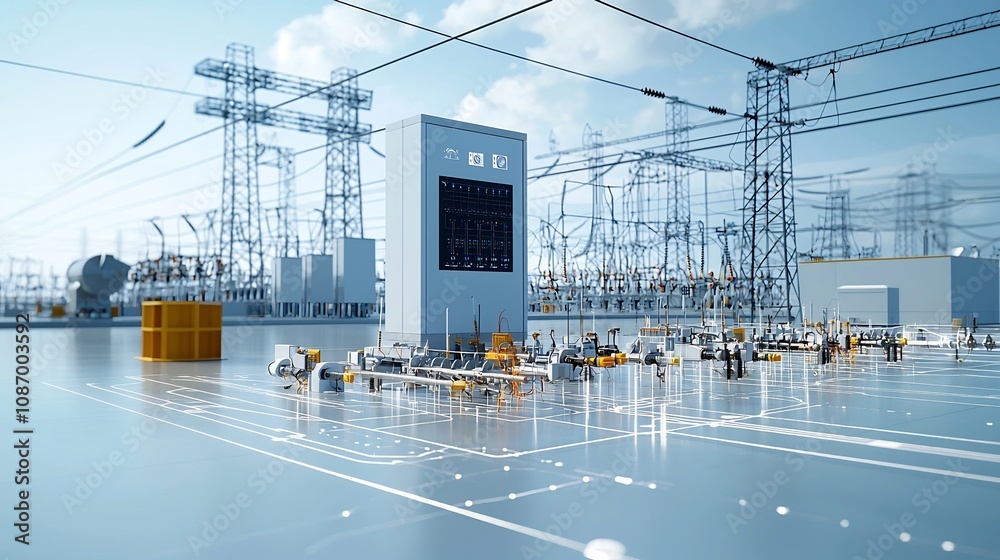 Poster Conceptual image of a modern power grid central management hub integrating diverse energy sources like solar wind