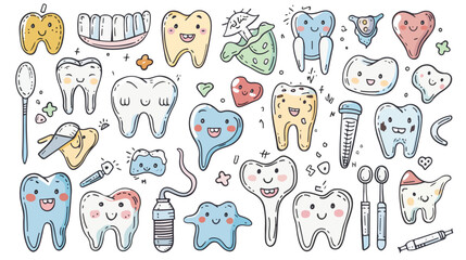 Professional Children Dental Care Doodle Elements Collection Flat Vector Illustration