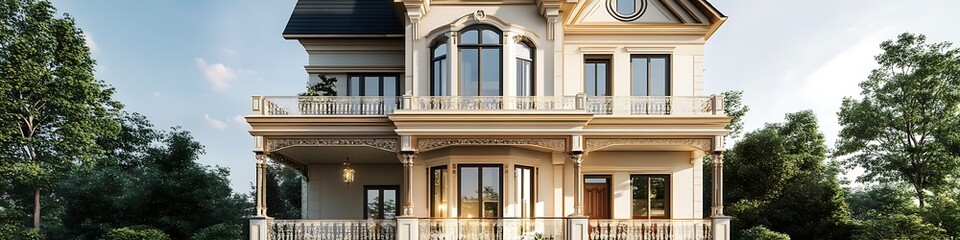 Victorian-style house front elevation mockup with intricate details for text and commercial use