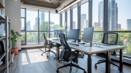 Modern Urban Office Space with Large Windows and City Skyline View in a Contemporary High-Rise Building