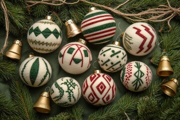 Fototapeta premium Felted Christmas ornaments, striped and patterned white balls with green stripes and red geometric patterns, arranged on a festive background