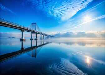 Fototapeta premium Serene Blue Sky Over Foggy Landscape with a Bridge Spanning Tranquil Waters in the Foreground, Perfect for Nature and Scenic Photography Collections