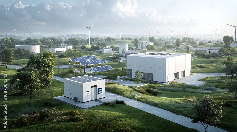 Aufkleber Visualization of a centralized grid management system that efficiently connects and integrates solar wind and hydropower with residential industrial and commercial energy consumption areas