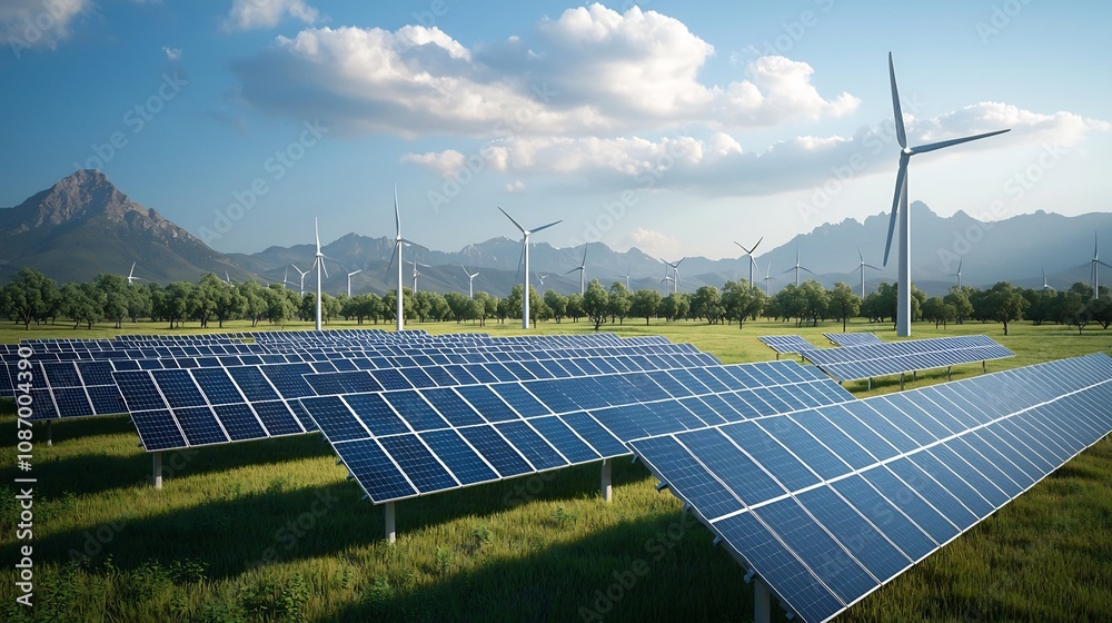 Poster Centralized grid management system visualizing the interconnected network of solar wind and hydroelectric power integrated with residential industrial