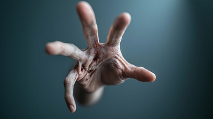 A gripping hand reaches forward against a moody background, embodying elements of cosmic horror and suspense. This striking image is perfect for creative media projects.
