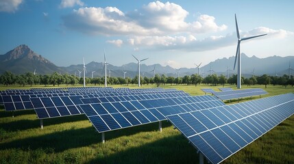 Centralized grid management system visualizing the interconnected network of solar wind and hydroelectric power integrated with residential industrial