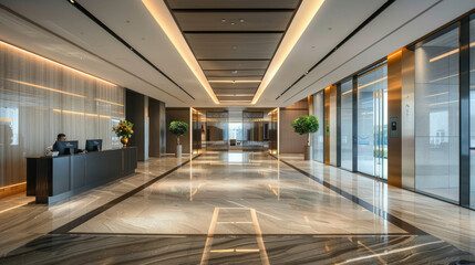 Obraz premium Modern Corporate Office Lobby with Elegant Design and Natural Lighting Featuring Marble Floors and Contemporary Decor