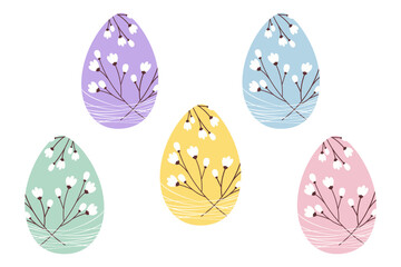 Colorful Easter eggs decorated flowering twigs and strings. Easter Decorative design elements concept