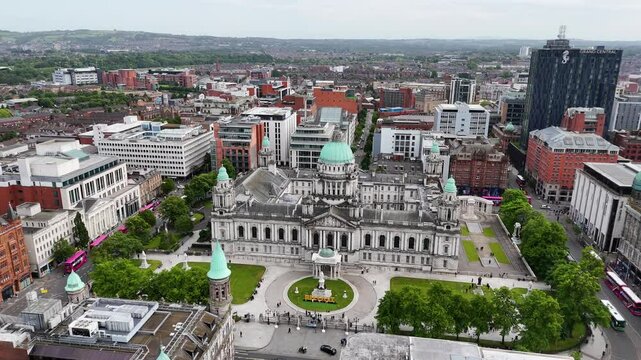 Drone shot of Belfast City Hall, a symbol of civic pride, Northern Ireland
