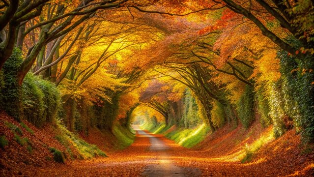 Serene Pathway Tunnel Surrounded by Colorful Autumn Foliage and Vibrant Trees in Halnaker, West Sussex, United Kingdom During the Peak of Fall Season