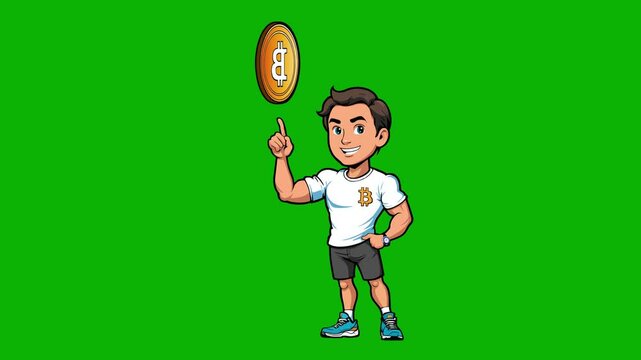 A cryptocurrency coach points to a Bitcoin coin that spins on its axis on a green screen chromakey background