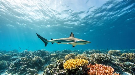 Fototapeta premium Graceful shark gliding through a vibrant coral reef in a tranquil underwater sanctuary with soft sunlight enhancing the details and colors of the diverse marine life