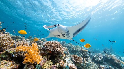 Majestic manta ray gracefully swimming near lush coral reef filled with vibrant tropical fish in a serene ethereal underwater environment with soft natural lighting creating a magical