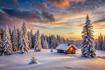Serene Winter Landscape: Snow-Covered Trees and a Distant Cabin, Perfect for Text Overlay in a Peaceful, Softly Lit Scene