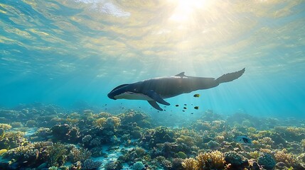 Fototapeta premium Whale swimming above a vibrant coral reef ecosystem illuminated by warm gentle sunlight showcasing the beauty and biodiversity of the marine environment