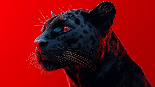 Close-up portrait of a black panther with red eyes and a red background.