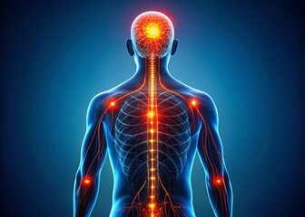 Silhouette of a Human Body with Glowing Red Pain Points on Neural Pathways Against a Dark Blue Background Illustrating Pain and Nerve Stimulation for Medical and Wellness Concepts