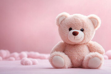 A soft plush teddy bear against a pale pink gradient background, ideal for nurseries, children's decor, or promoting comfort for baby showers and birthdays.