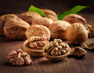 un grupo de nueces partidas sobre una mesa de madera junto a otras nueces enteras