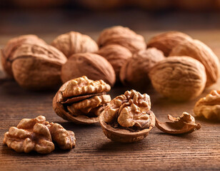 un grupo de nueces partidas sobre una mesa de madera junto a otras nueces enteras