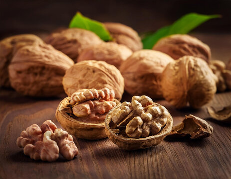 un grupo de nueces partidas sobre una mesa de madera junto a otras nueces enteras, alimento saludable rico en omega 3 para campa&ntilde;as de nutrici&oacute;n, bienestar, dieta equilibrada y productos naturales